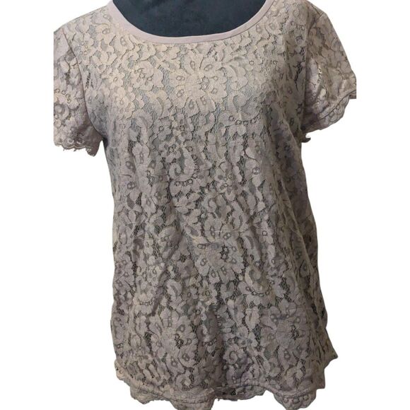 Joie Taupe Lace Overlay Top S Keyhole Tie Back Blouse Romantic Feminine - Picture 2 of 7